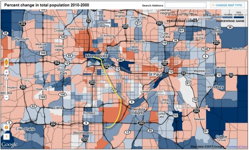 Minneapolis 2010 Census gains/loses; transit line in yellow (click to enlarge)