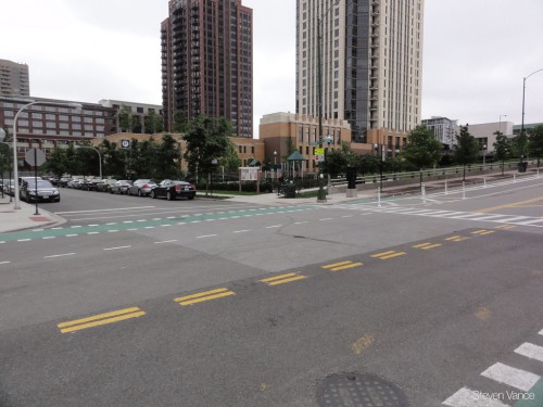 Painted lane across intersection on Kinzie Ave (image credit: Steven Vance)